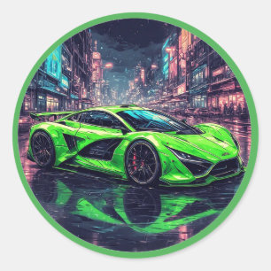 Adesivo Carro Esportivo Verde em Rua Neon Chuvosa