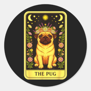 Adesivo Carta de Pug de Tarot Coroa Floral Sol Lua Estrela
