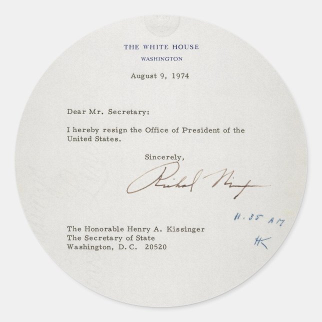 Adesivo Carta de Renúncia de Richard M. Nixon 1974 (Frente)