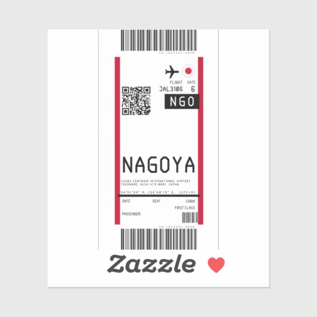 Adesivo Cartão de embarque para Nagoya Japan (ONG) (Folha)