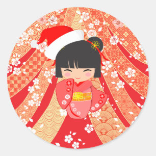 Adesivo Cartão de Natal Boneca Kokeshi
