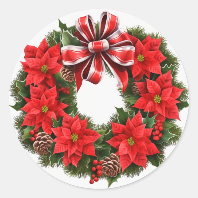 Adesivo Cartão de Saudação de Poinsettia Wreath de Natal (Frente)