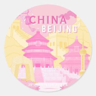 Adesivo Cartaz de Viagem de Pequim China   Arte Rosa e Ama