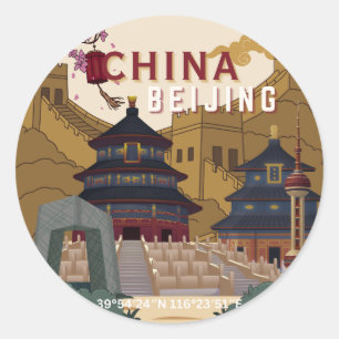 Adesivo Cartaz de Viagem de Pequim China Ilustração Vint