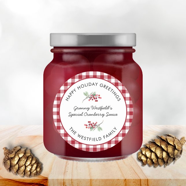 Adesivo Cartões de natal Presente de Comida de Verificação (Happy Holiday Greetings Burgundy Buffalo Plaid Food Gift Round Jar Label)