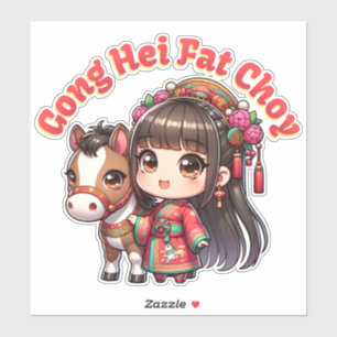 Adesivo Cartografia Chinesa, Cavalo de Ano Novo e Rapariga