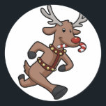 Adesivo Cartografia do Happy Reindeer Runs | escolher cor<br><div class="desc">veado de rena rudolph natal,  nariz vermelho de férias,  feliz de inverno engraçada,  desenho de corno de humor sorridente,  desenho animado ilustrativo feliz,  cornos de alce,  animais alegres e animados bonitinhos,  amantes crianças,  garotos desenhar rena,  desenho animado de veado</div>