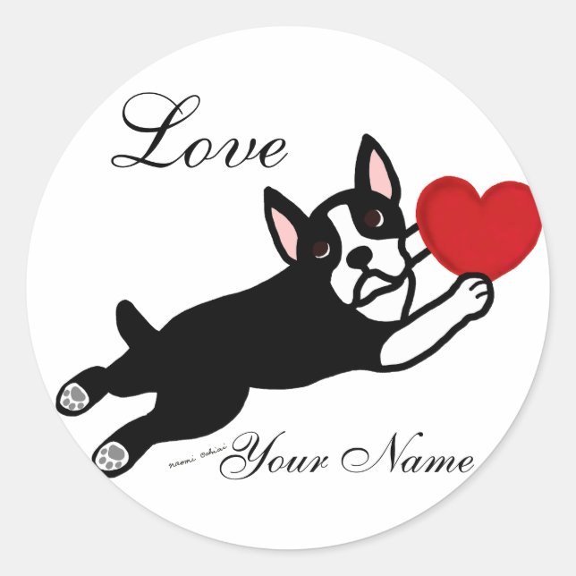 Adesivo Cartoon de Boston Terrier e Red Heart (Frente)