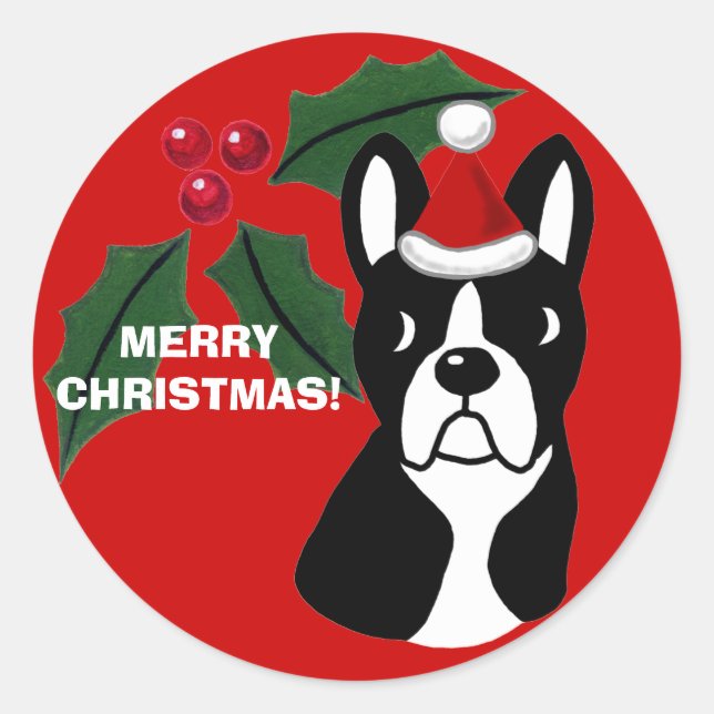 Adesivo Cartoon de Natal de Boston Terrier (Frente)