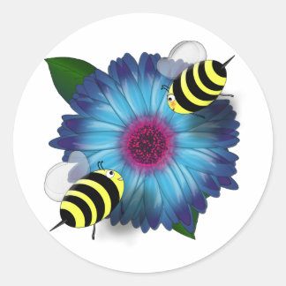Adesivo Cartoon Honey Bees Meeting on Blue Flower