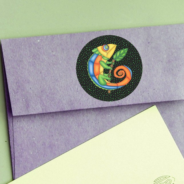 Adesivo Cartoon Lizard Segurando Pontos de Cores Vibrantes (Brightly coloured cartoon lizard leaf on black with green polka dots stickers.)