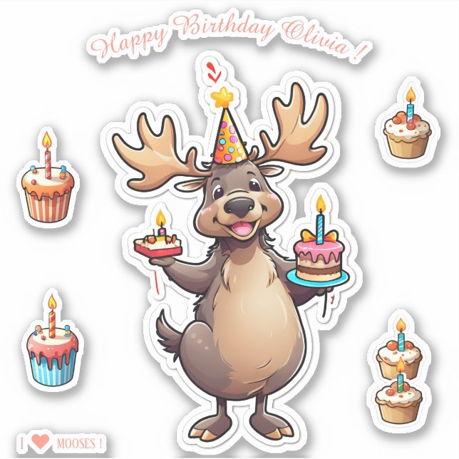 Adesivo Cartoon Moose - Feliz Aniversário Personalizado (Frente)