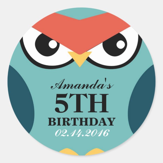 Adesivo Cartoon Owl Aniversário Invitation Seal Sticker (Frente)