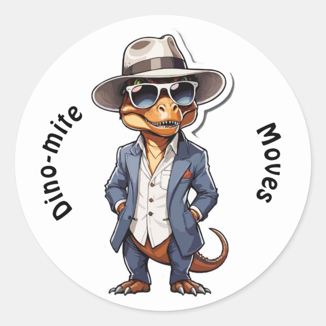 Adesivo Cartoon T-Rex legal em um terno com chapéu (Frente)