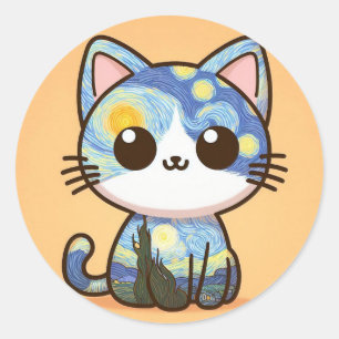 Adesivo Cartoon Van Gogh Cat Starry Night