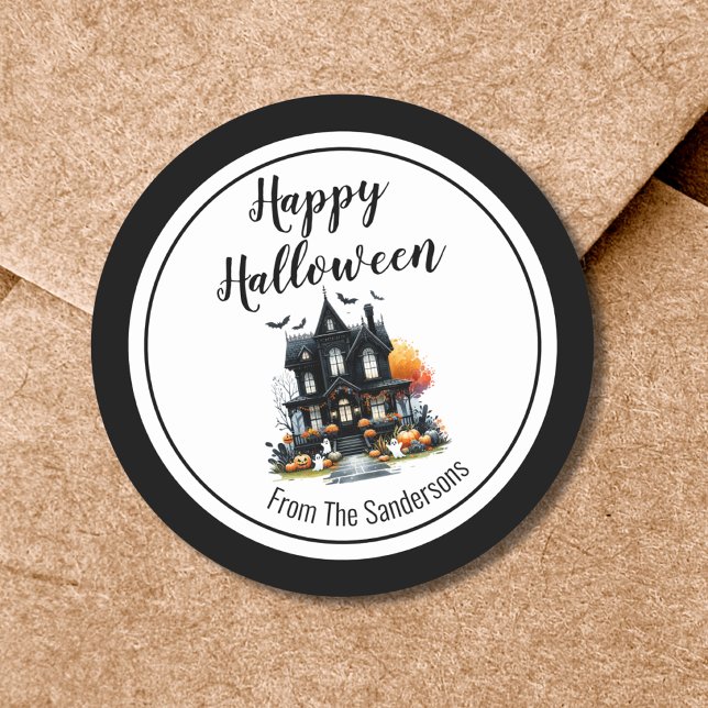Adesivo Casa Assombrada Feliz Dia das Bruxas (Haunted House Happy Halloween Classic Round Sticker)