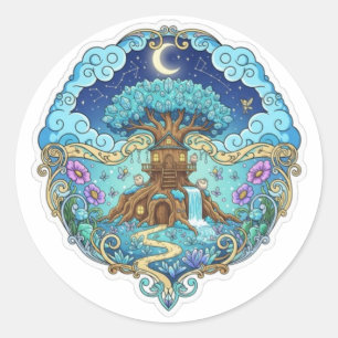Adesivo Casa de Árvore Sob a Lua Fantasia ilustração mágic