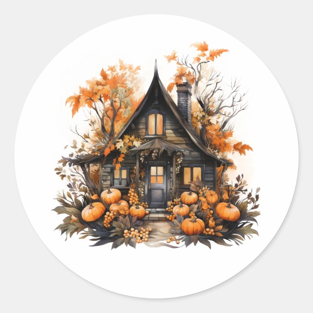 Adesivo Casa de Halloween com Pumpkins e Folhagem (Frente)