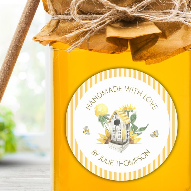 Adesivo Casa de pássaros & Abelhas 🐝 Listras Finas Mel Pe (Birdhouse & Bees 🐝 Pinstripes Custom Honey Classic Round Sticker)