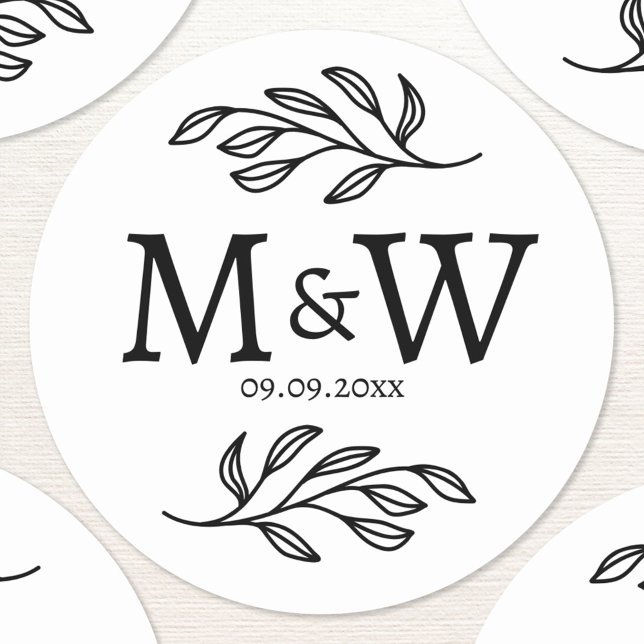 Adesivo Casal Casado Monograma Data Elegante Botânica (Wedding couple monogram initials and date personalized botanical sticker)