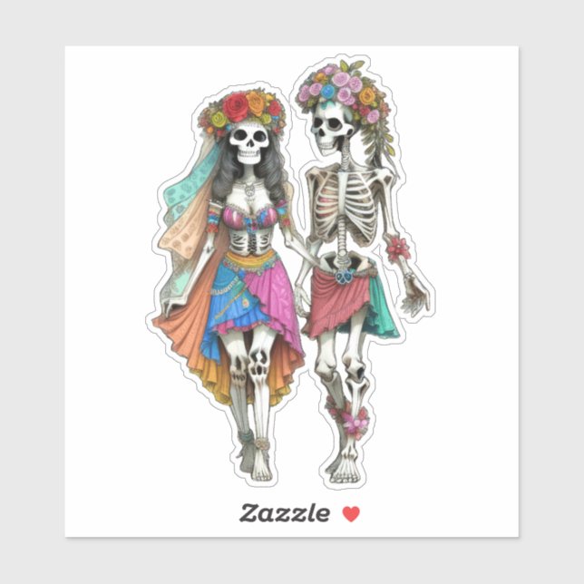 Adesivo Casal de Hippie Skeleton (Folha)