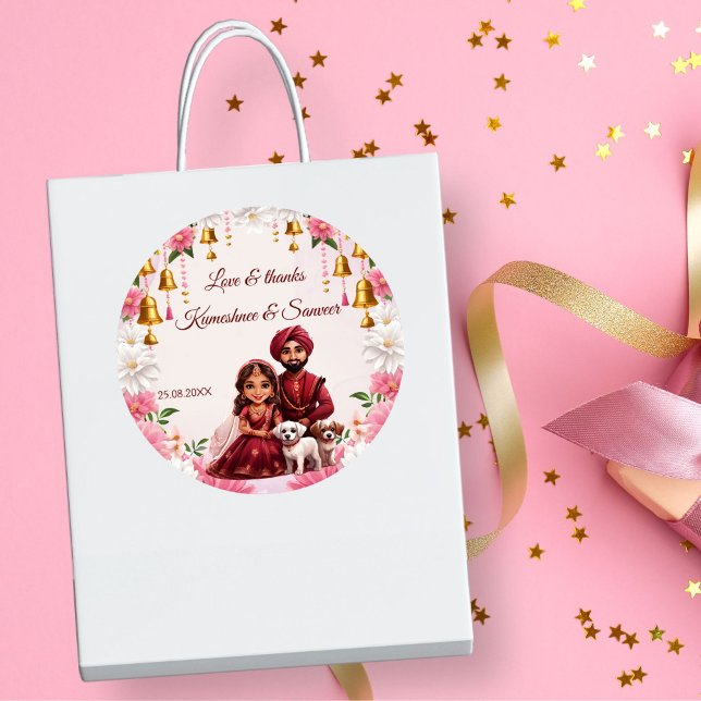Adesivo Casal de noiva indiana com cães, favor de caricatu (Indian bridal couple with dogs caricature Indian wedding favors personalized favor sticker template)