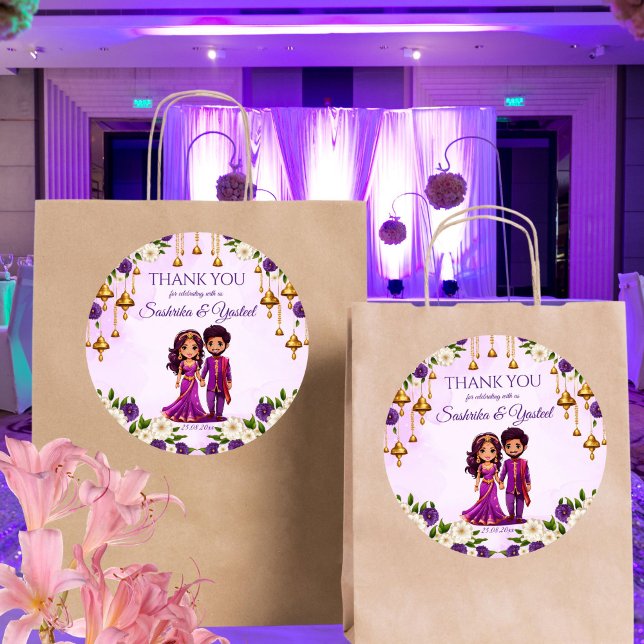 Adesivo Casal de noiva roxa Mehndi (Indian wedding Mehndi Sangeet purple cute bridal couple caricature cartoon thank you favor Sticker)