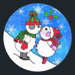 Adesivo Casal de Snowman Beijando sob o MistletoChristmas<br><div class="desc">Férias festivas,  Casal de Snowman Beijando sob o Mistletoe Christmas Classic Round Stickers.</div>