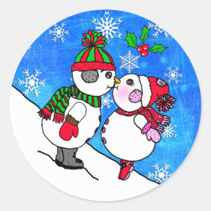 Adesivo Casal de Snowman Beijando sob o Mistletoe Christma