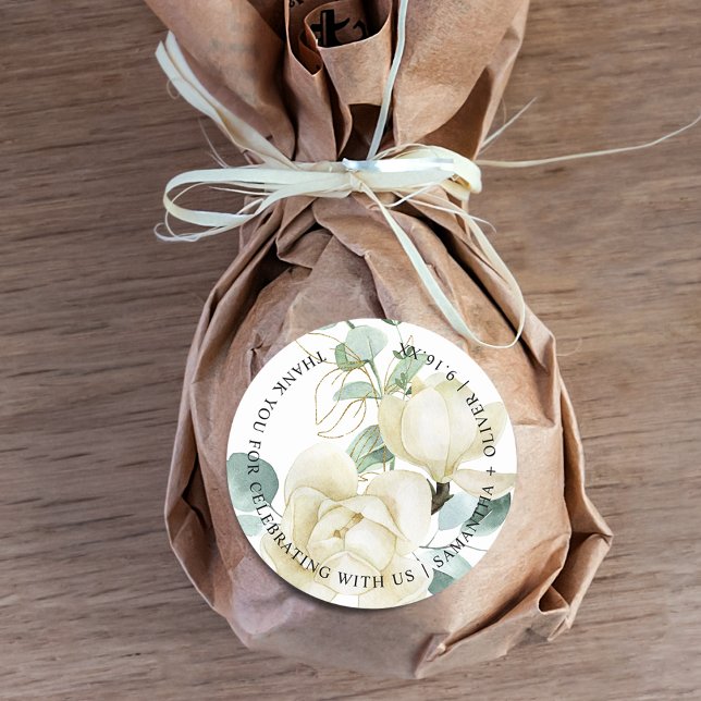 Adesivo Casamento Agradecido Magnólia Eucalipto Elegante (Elegant Magnolia Eucalyptus Thank You Wedding Classic Round Sticker)