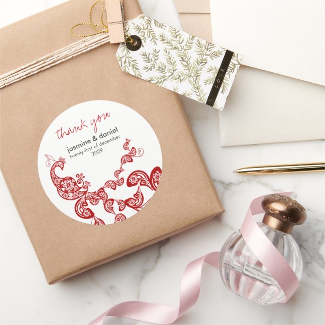 Adesivo Casamento Asiático Vermelho Floral Boho Peacock Or (Presentear)