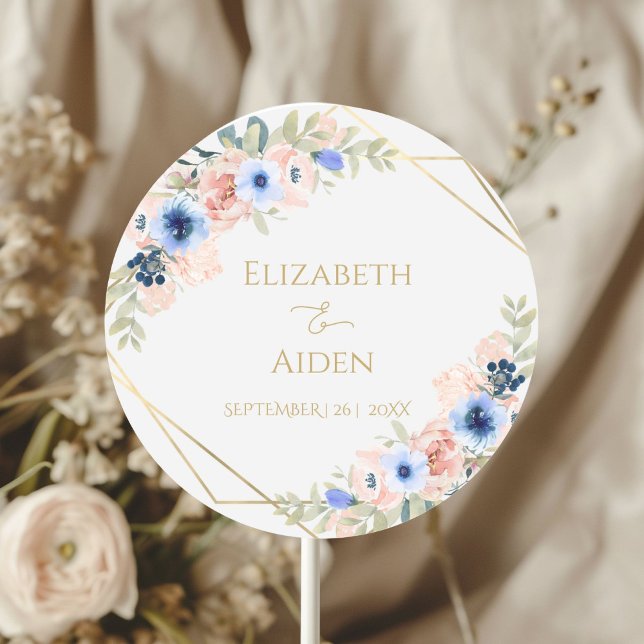 Adesivo Casamento Azul de Pêssego Personalizado (Personalized Peach Blue Wedding Classic Round Sticker with your name and date)