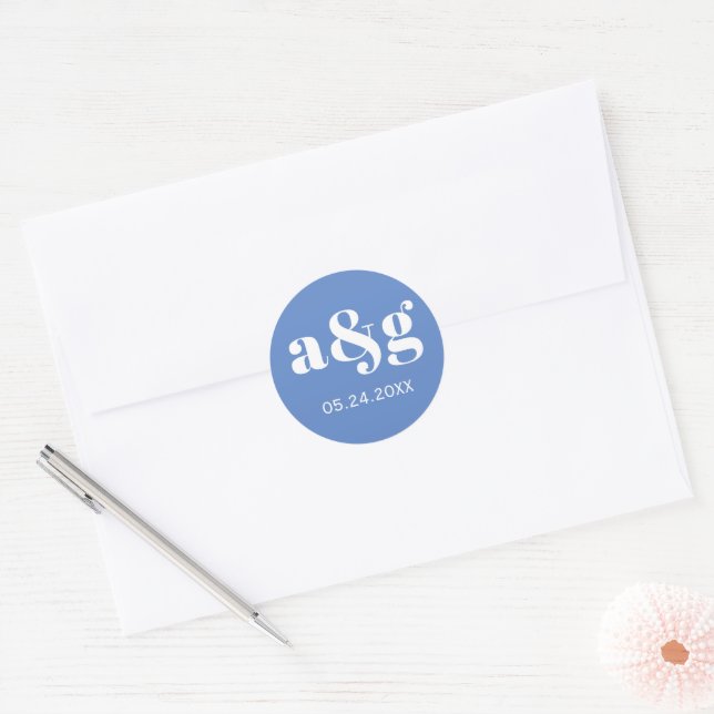 Adesivo Casamento azul simples, elegante monograma (Envelope)