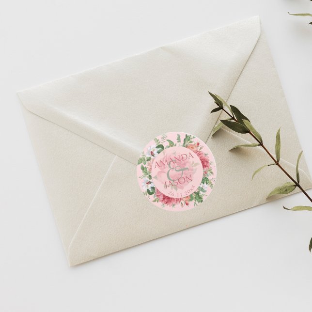 Adesivo Casamento Bonito Floral  Branco-Rosa-Blush (Blush Pink White Pretty Floral cute Wedding Classic Round Sticker)