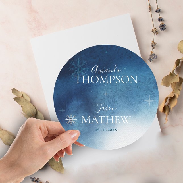Adesivo Casamento Branca Branca Com Neve (Whimsical Blue White Snowflake Wedding Classic Round Sticker)