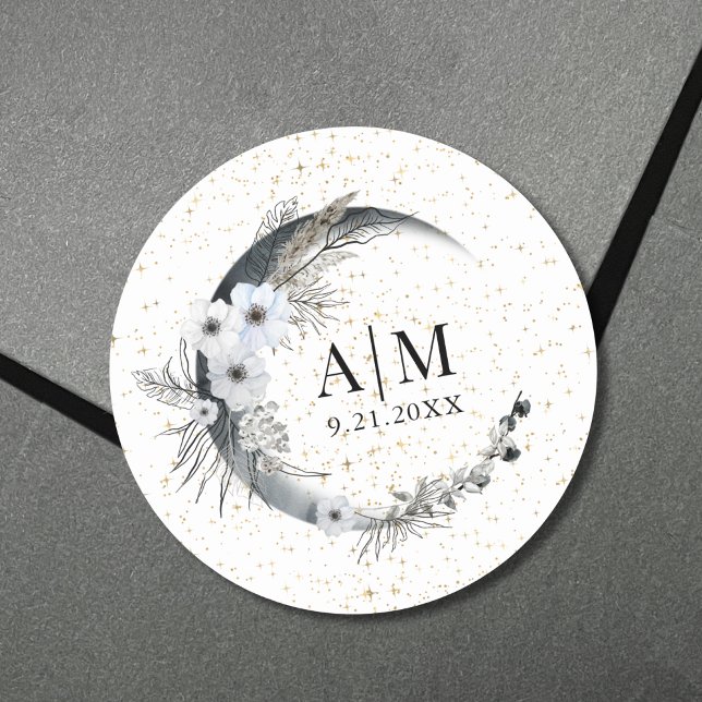Adesivo Casamento Celestial das Estrelas da Lua (Moon Stars Celestial Wedding Classic Round Sticker)