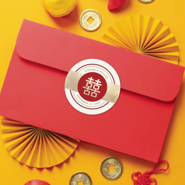 Adesivo Casamento Chinês de Felicidade Dupla Vermelha e Ba (Red/Gold Simple Double Happiness Modern Chinese Wedding Classic Round Sticker @ fatfatin_red_knot)