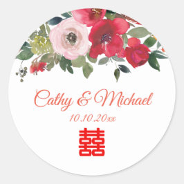 Adesivo Casamento chinês moderno floral aquarela rosa verm