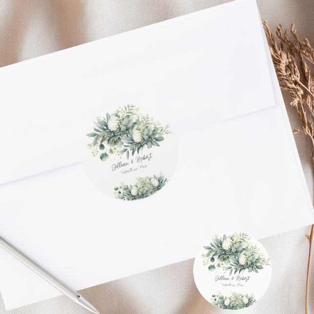 Adesivo Casamento com Acento Dourado de Floral Verde  (Soft Floral Greenery Gold Accent Wedding Classic Round Sticker)