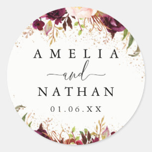 Adesivo Casamento com Aquarela Floral em Burgundy Pó de Ou