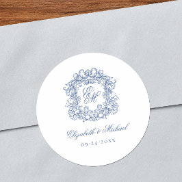 Adesivo Casamento com Crista de Monograma Vintage Azul Ele