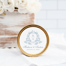 Adesivo Casamento com Crista Floral Azul Elegante Monogram