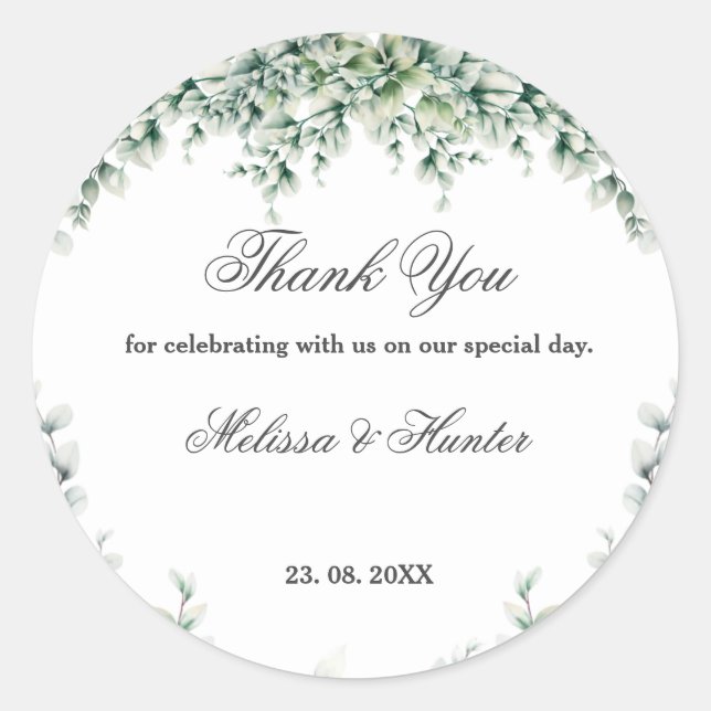Adesivo Casamento com Foliage Eucalyptus Greenery Obrigado (Frente)