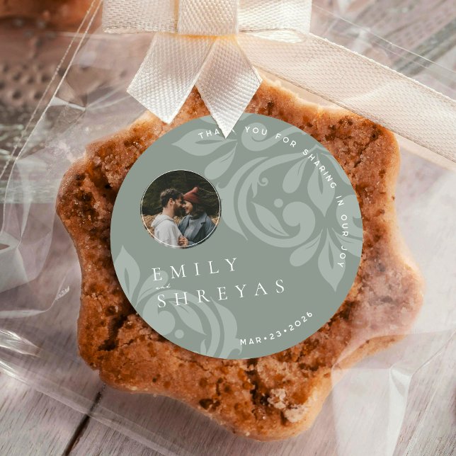 Adesivo Casamento com Foto Clássico de Earthy Olive Damask (Criador carregado)