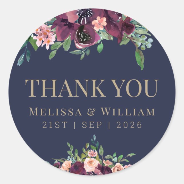 Adesivo Casamento com Marinho Floral Watercolor Obrigado (Frente)