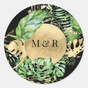 Adesivo casamento com monograma de folhagem tropical ouro