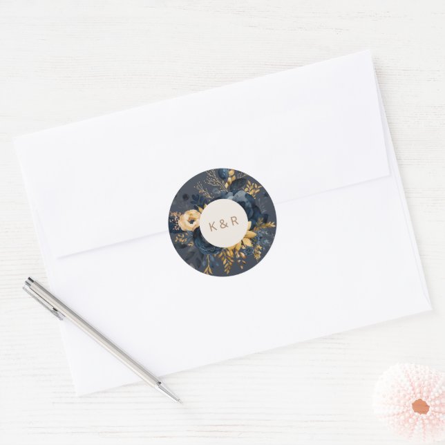 Adesivo Casamento com Monograma Floral Dourado Azul (Envelope)
