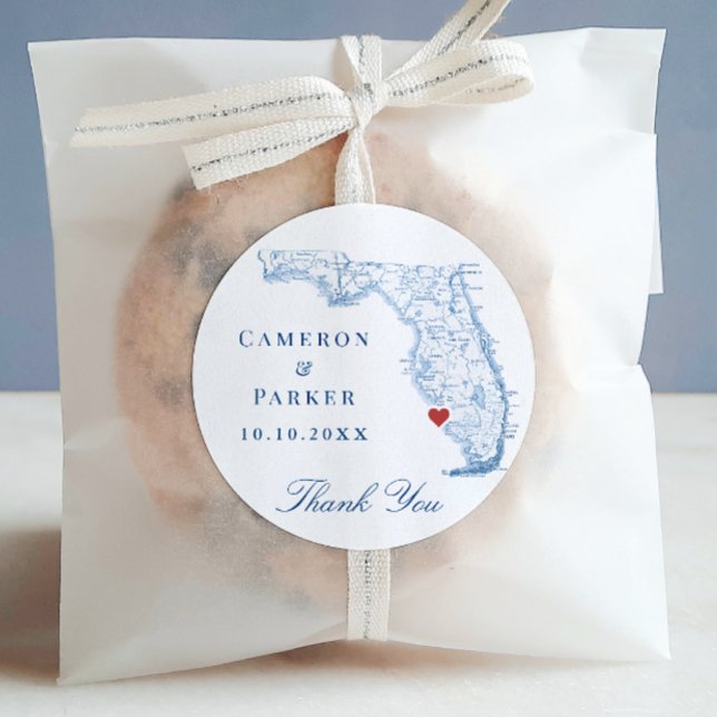 Adesivo Casamento com Nápoles na Flórida Obrigado (Naples Florida Wedding favor round sticker label that says Thank You from Coastal Map Designs)