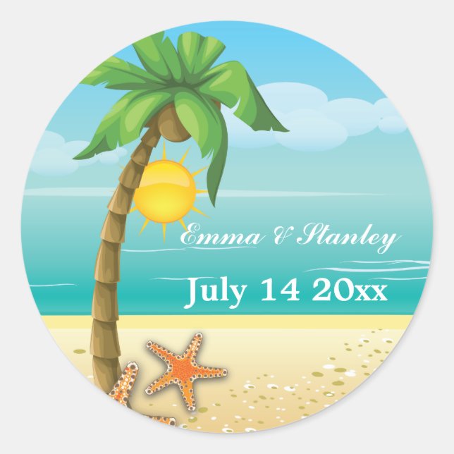 Adesivo Casamento com palmeiras e estrelas-do-mar na praia (Frente)