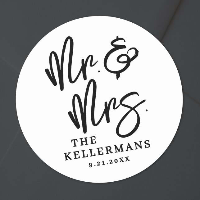 Adesivo Casamento com Roteiro Simples Preto Branco (Simple Black White Script Wedding Classic Round Sticker)